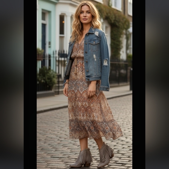 London Rag Western Metallic Grey Fringe Bohemian Block Heel Ankle Bootie - Picture 12 of 12